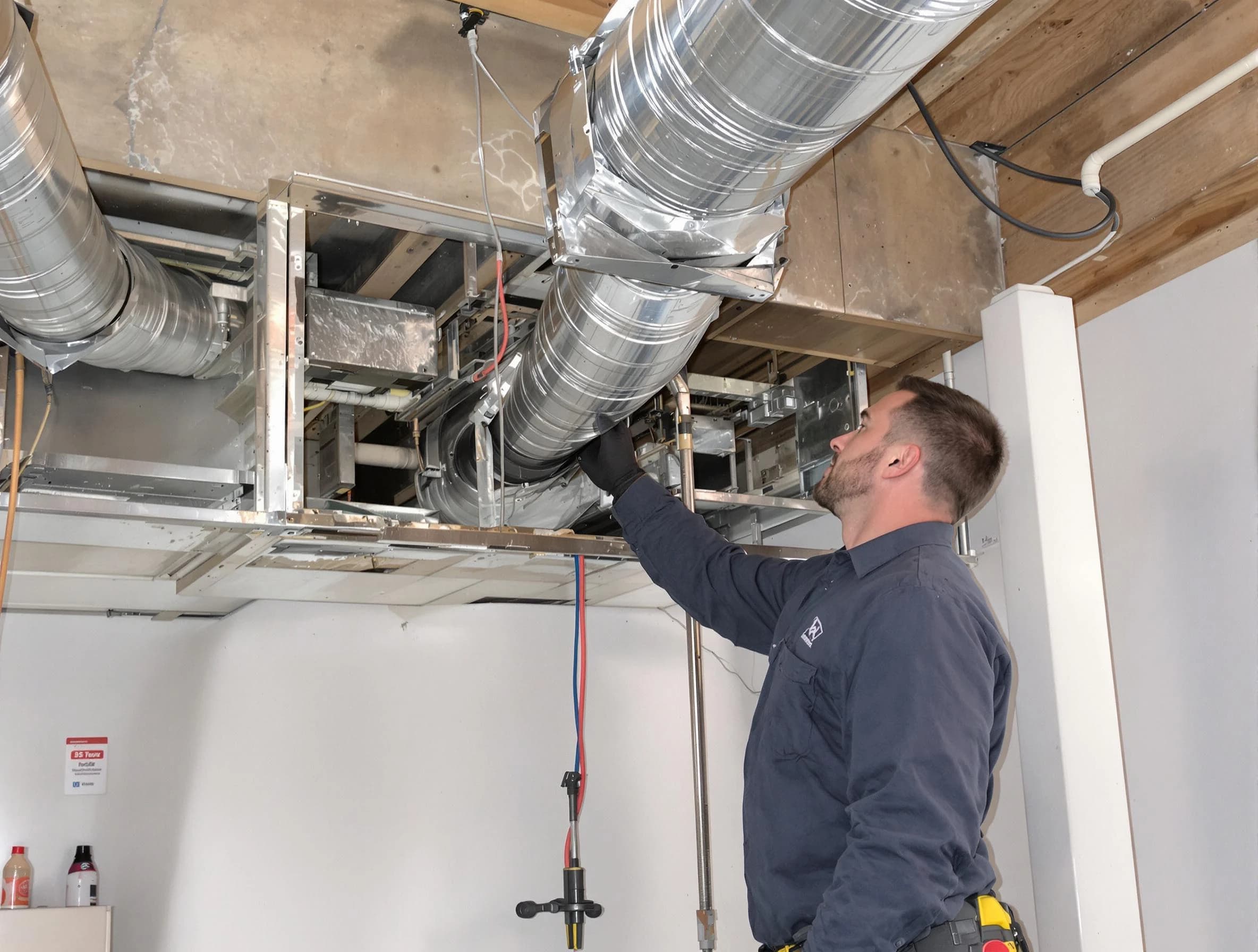 Falmouth Air Duct Cleaning technician performing professional air duct repair using specialized tools in Falmouth